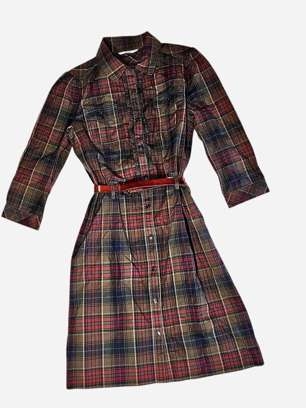 BCBG Plaid Long-Sleeve Shirt Dress with Belt - Red, Green, Blue